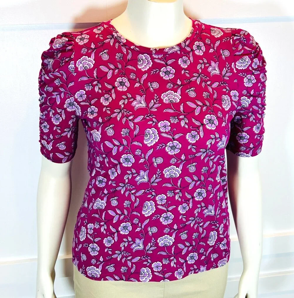 LOFT Blouse Womens M Purple Floral Chintz Short Puff Ruched Sleeves Round Neck
